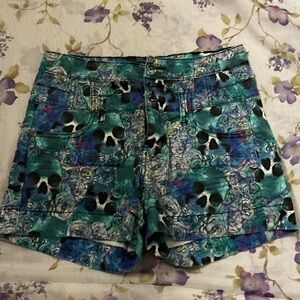 Lovesick Teal and Blue Skull Print Jean Shorts